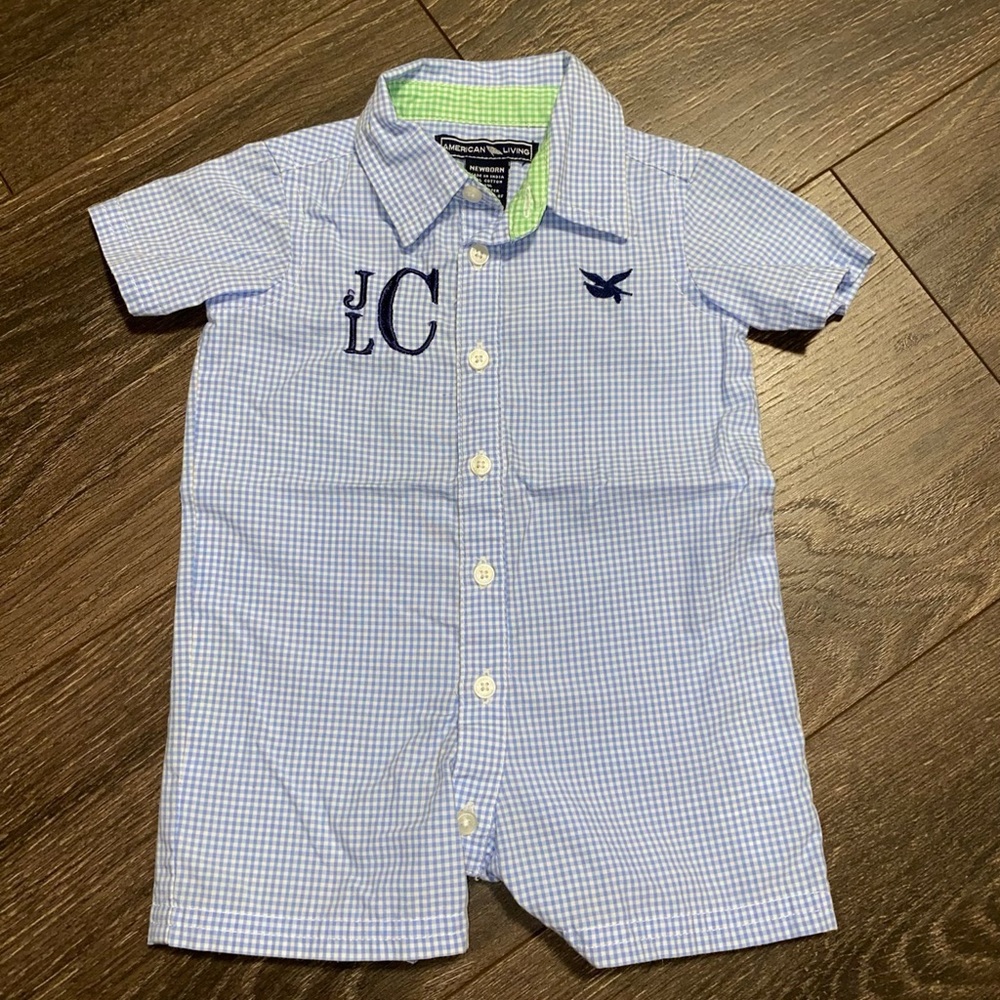 Newborn Monogrammed Blue Plaid Baby Romper